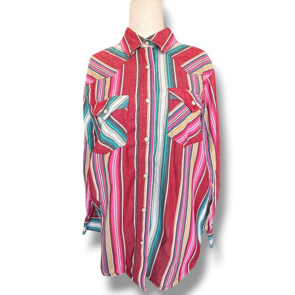 Wrangler Retro Western Pearl Snap Striped Shirt Pink Teal Cotton Small Cowgirl